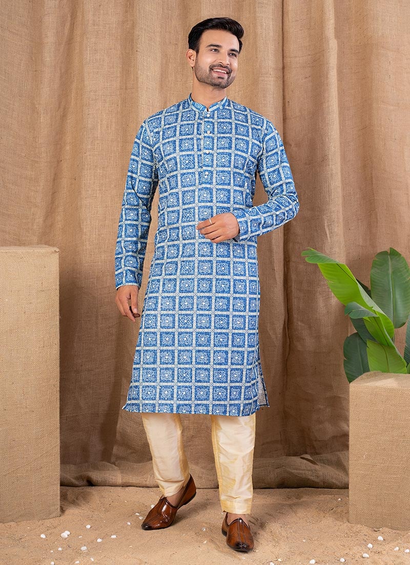 Blue Silk Digital Print Kurta Pyjama