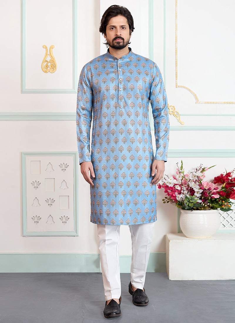 Blue Silk Digital Print Mens Classic Kurta