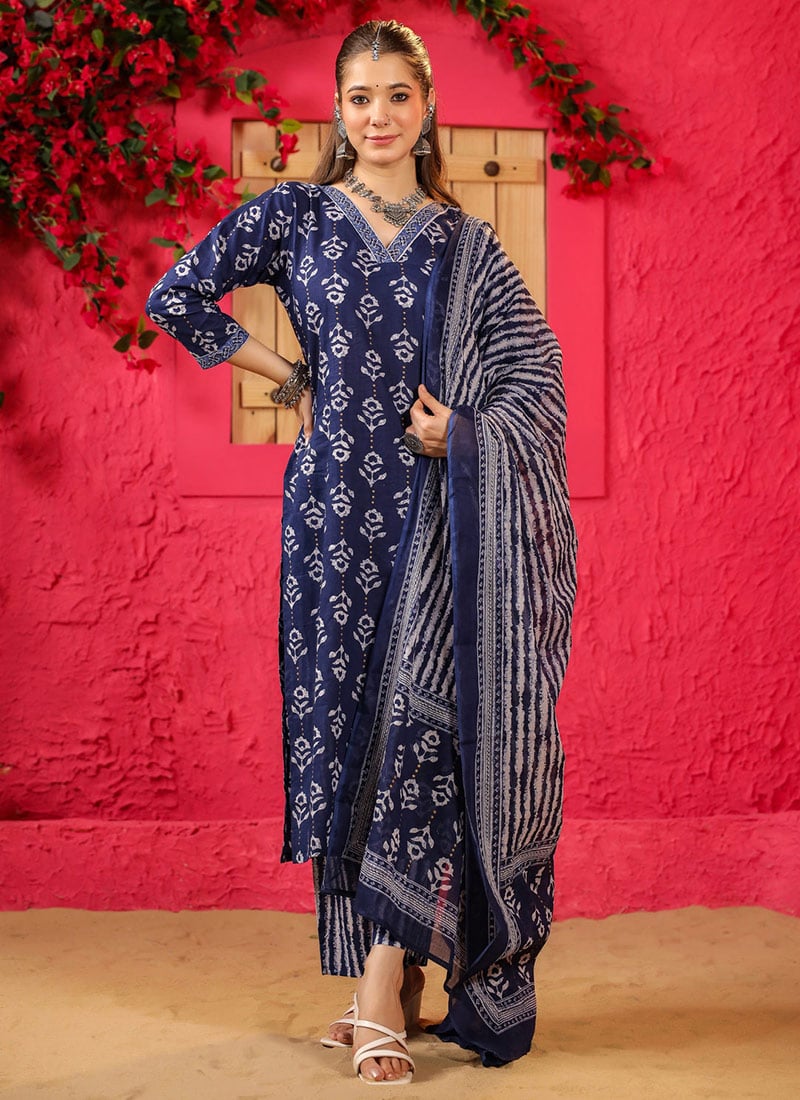 Blue Silk Digital Print Straight Pant Suit After Six Wear
