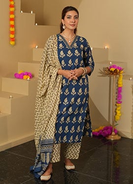 Blue Silk Digital Print Straight Pant Suit