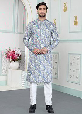 Blue Silk Digital Print Stylish Mens Kurta