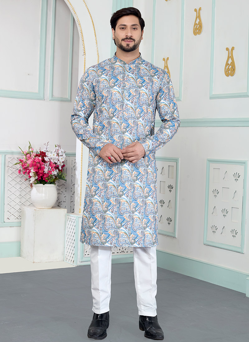 Blue Silk Digital Print Stylish Mens Kurta