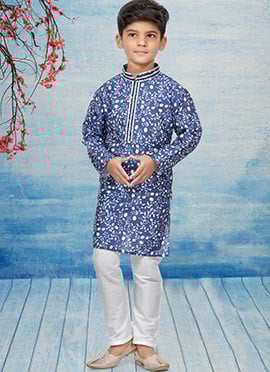 Blue Silk Dupion Printed Kids Kurta Pyjama