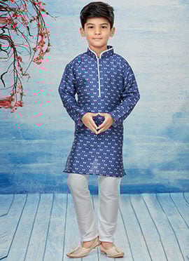 Blue Silk Dupion Printed Kids Kurta Pyjama