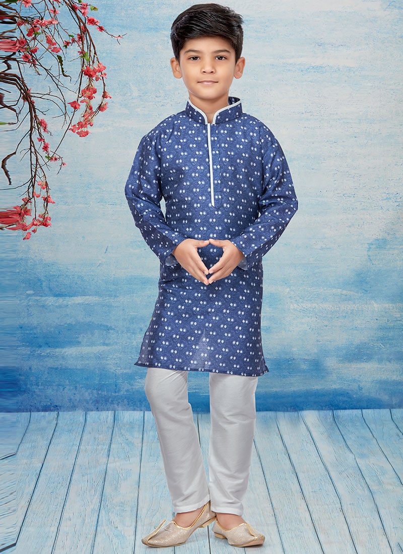 Blue Silk Dupion Printed Kids Kurta Pyjama Party Wear