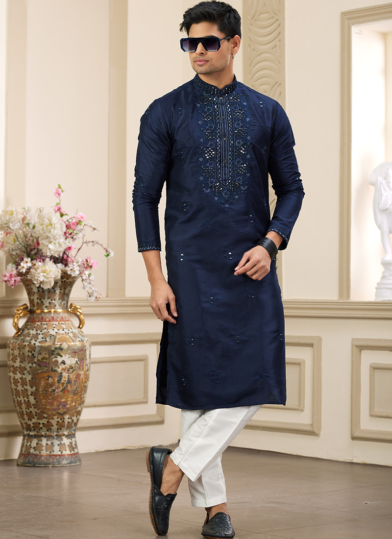 Blue Silk Embroidered  Kurta Pyjama