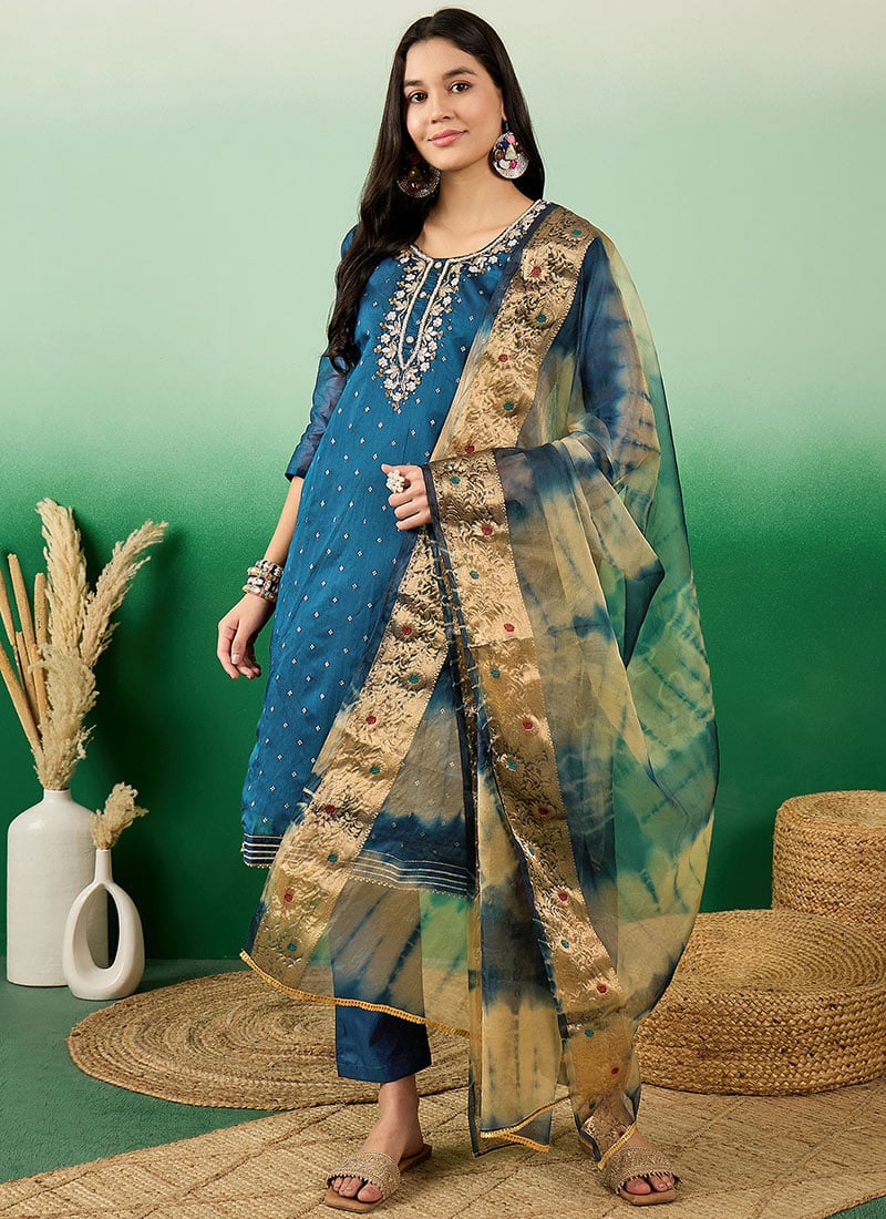 Blue Silk Embroidered And Sequins Hand Work Straight Pant Suit