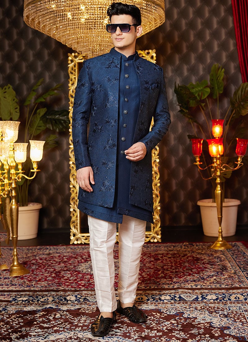 Blue Silk Embroidered And Sequins Thread Indowestern Sherwani Wedding Wear