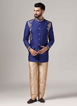 Blue Silk Embroidered Bandhgala Suits