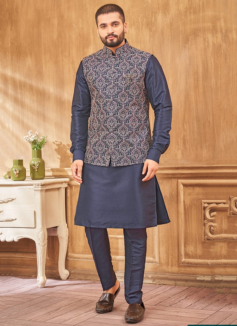 Blue Silk Embroidered Bandi Set Festive Wear