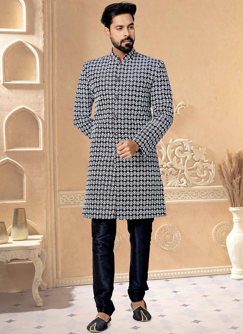 Blue Silk Embroidered Classic Sherwani Party Wear