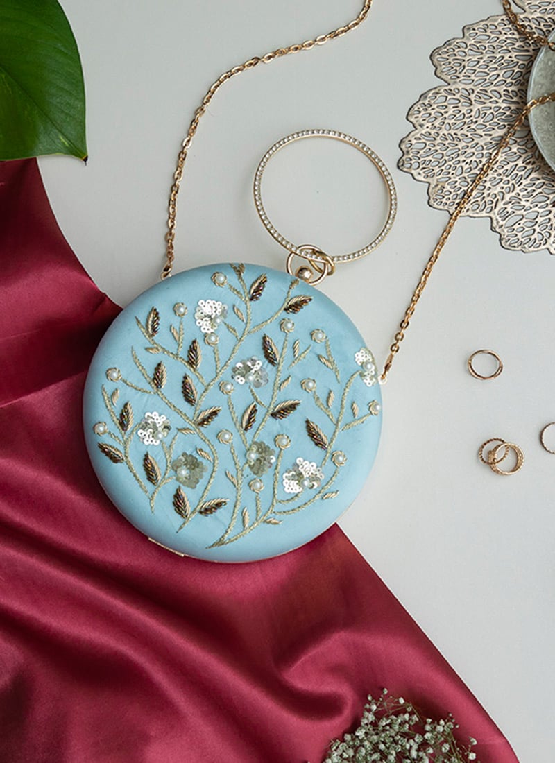 Blue Silk Embroidered Clutch Embossed With Moti And Sequins Party Wear