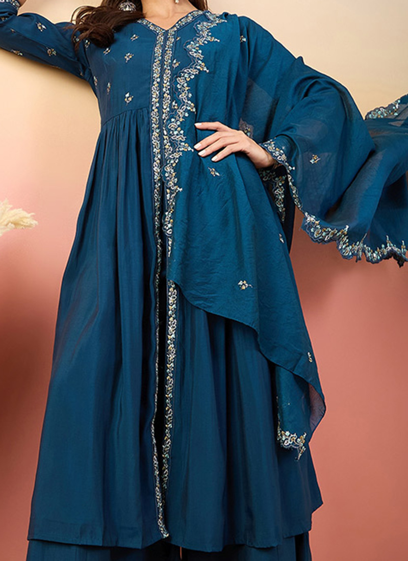 Women Navy Blue Roman Silk Embroidered Palazzo Suit main image 1