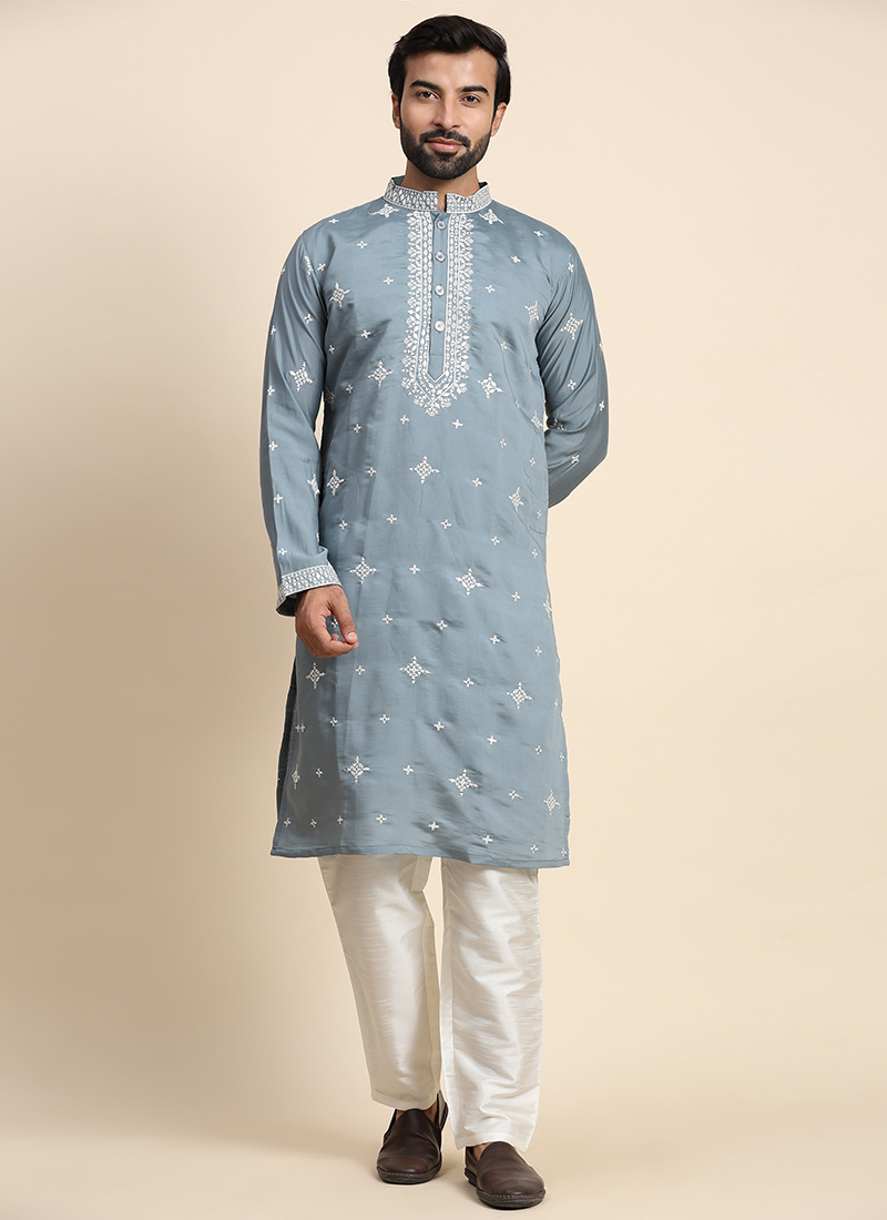 Blue Silk Embroidered Kurta