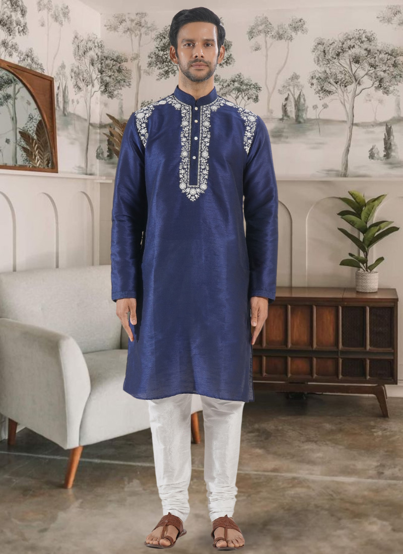 Blue Silk Embroidered Kurta Pyjama  Festive Wear