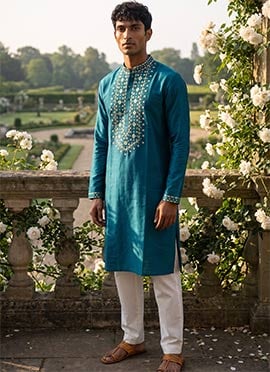 Blue Silk Embroidered Kurta Pyjama For Men