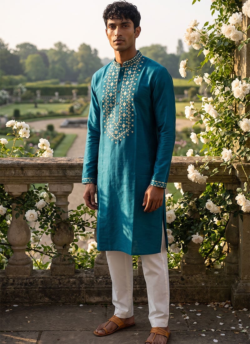 Blue Silk Embroidered Kurta Pyjama For Men Festive Wear