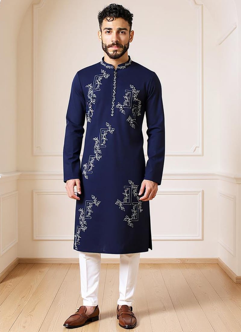 Blue Silk Embroidered Kurta Pyjama