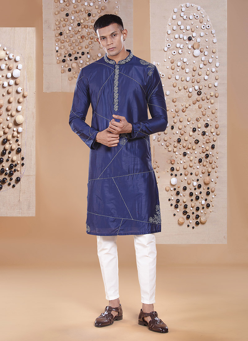 Blue Silk Embroidered Kurta Pyjama