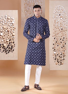 Blue Silk Embroidered Kurta Pyjama