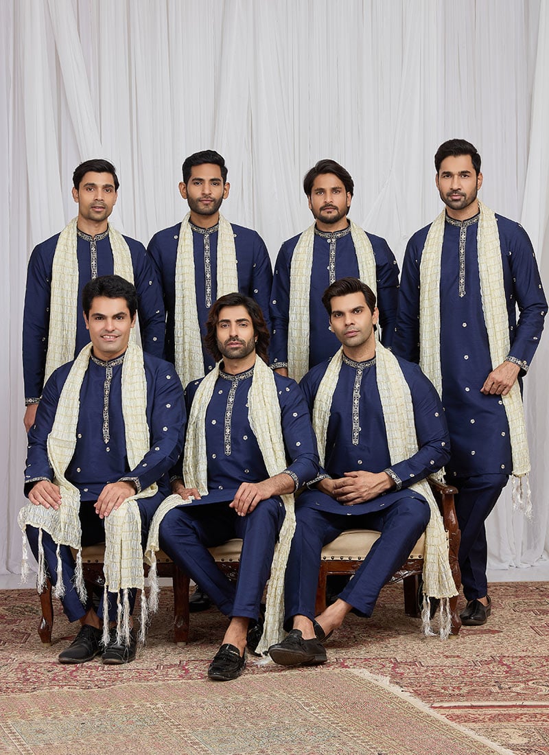 Blue Silk Embroidered Kurta Pyjama Festive Wear