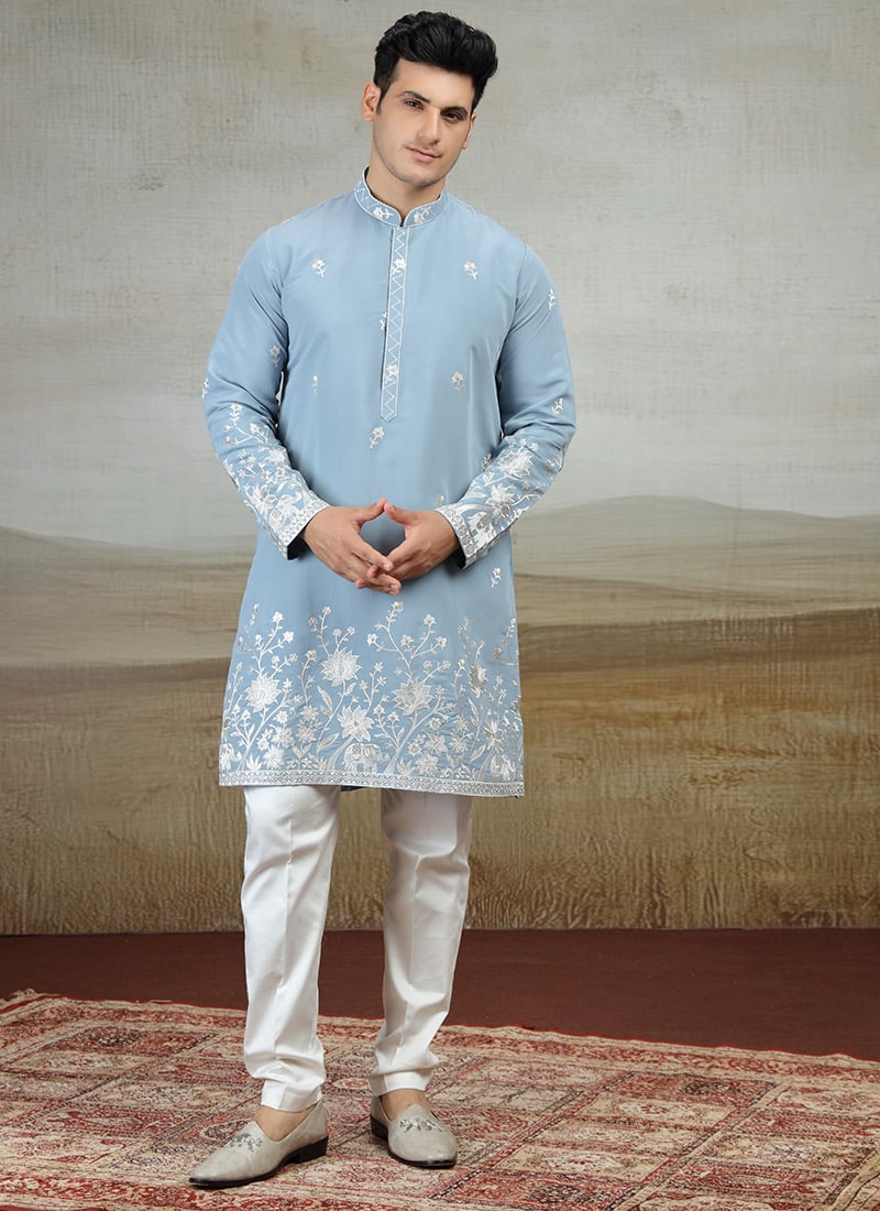 Blue Silk Embroidered Kurta Pyjama Festive Wear