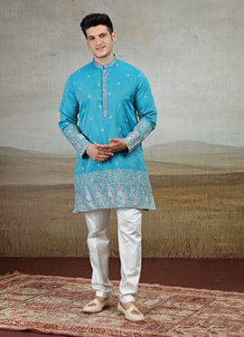 Blue Silk Embroidered Kurta Pyjama