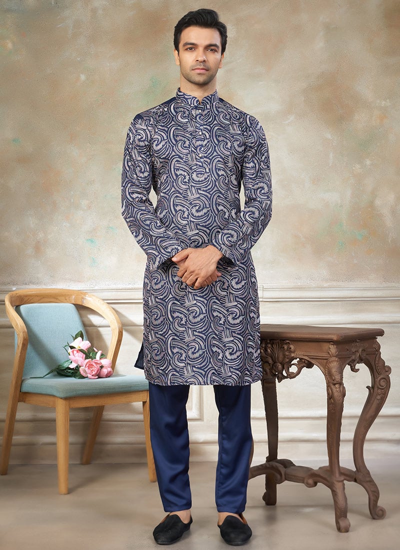 Blue Silk Embroidered Kurta Pyjama Festive Wear