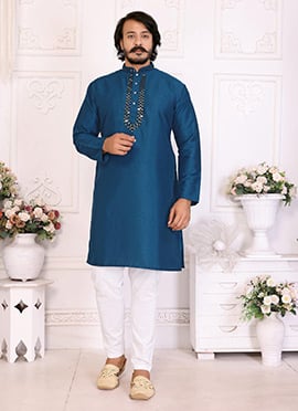 Blue Silk Embroidered Kurta Pyjama