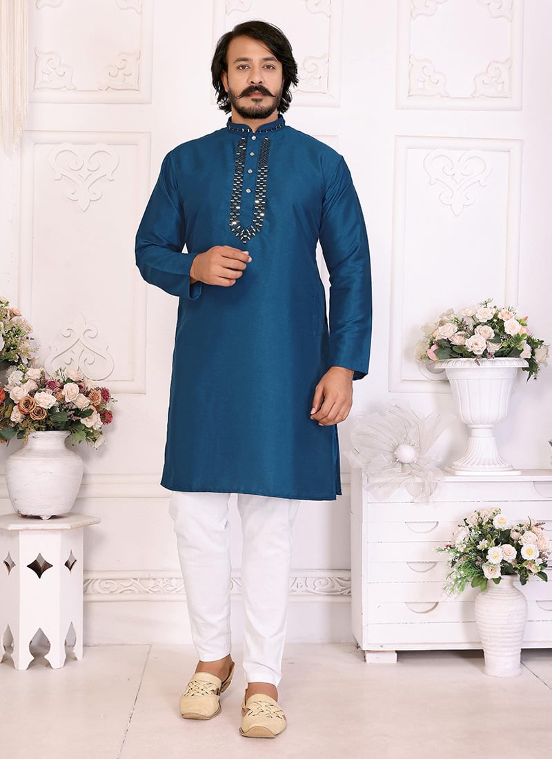 Blue Silk Embroidered Kurta Pyjama Festive Wear