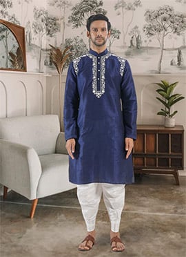 Blue Silk Embroidered Kurta With Dhoti Style Pyjama