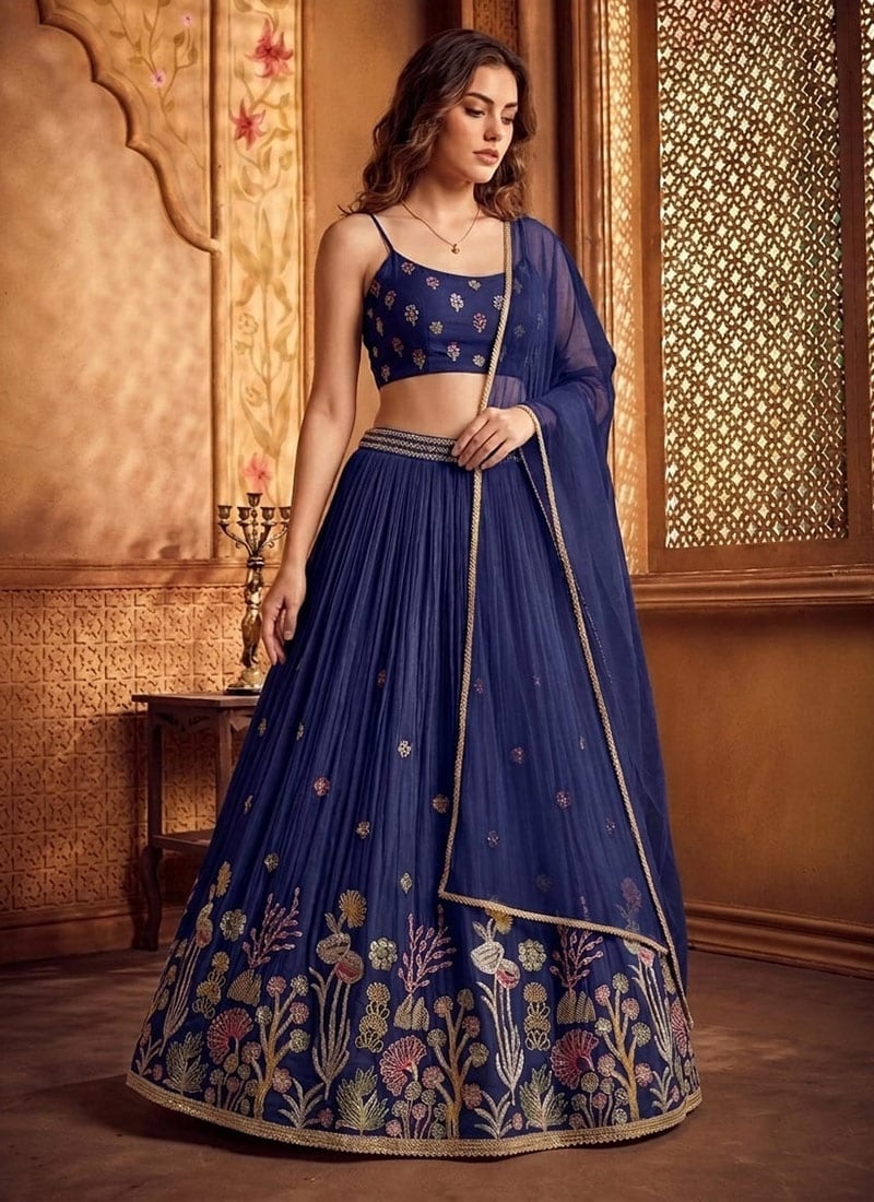 Blue Silk Embroidered Lehenga Wedding Wear