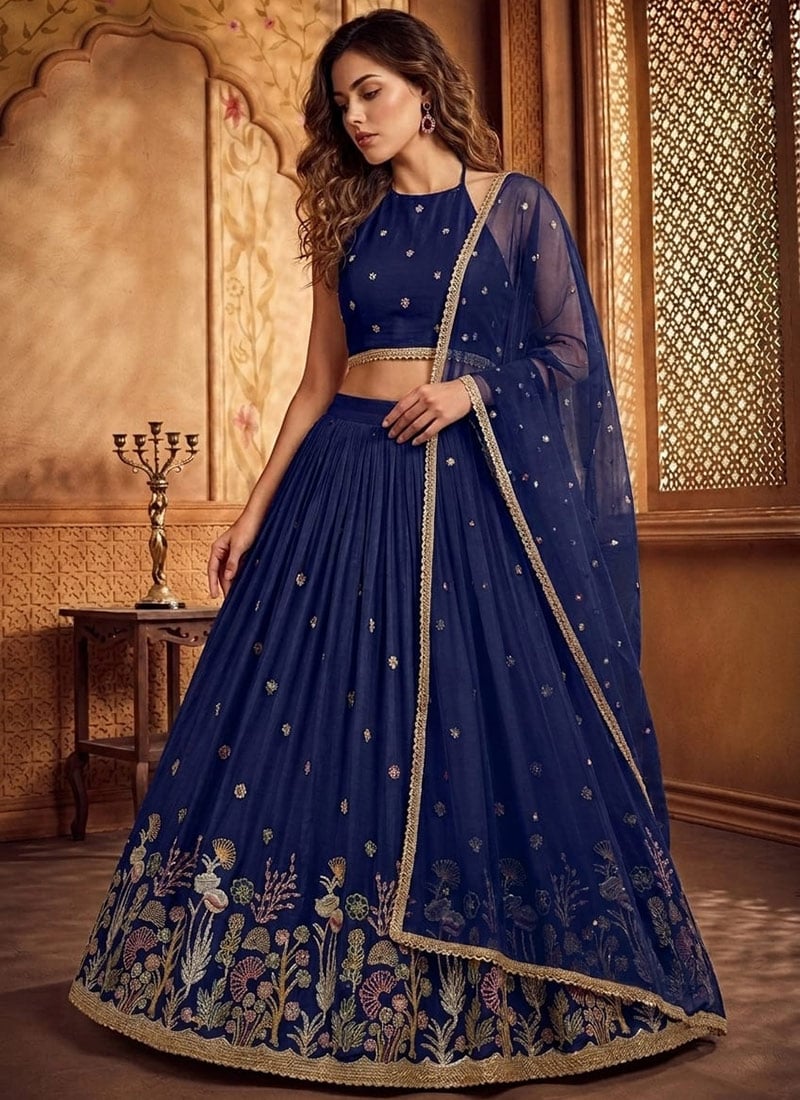 Blue Silk Embroidered Lehenga Wedding Wear