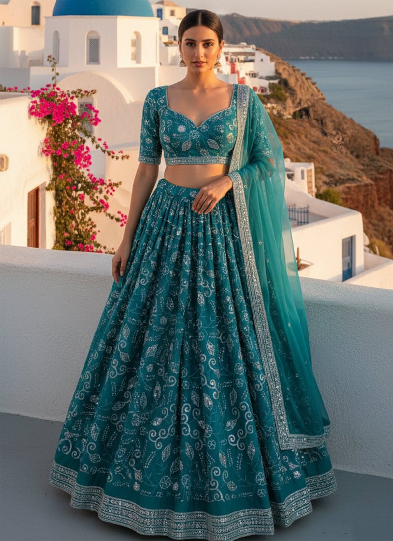 Blue Silk Embroidered Lehenga Wedding Wear