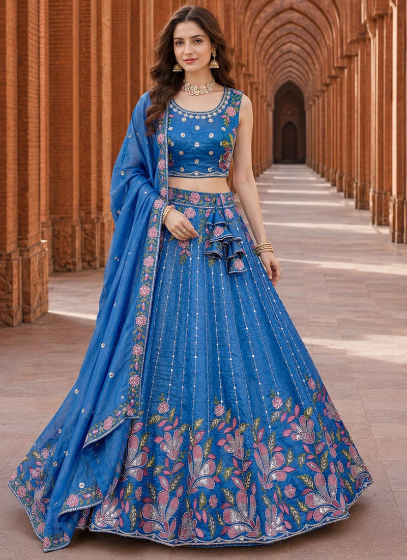 Blue Silk Embroidered Lehenga After Six Wear