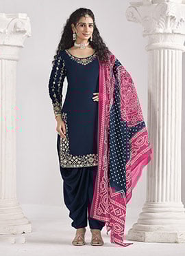 Blue Silk Embroidered Mirror Work And Zari Dhoti Suit