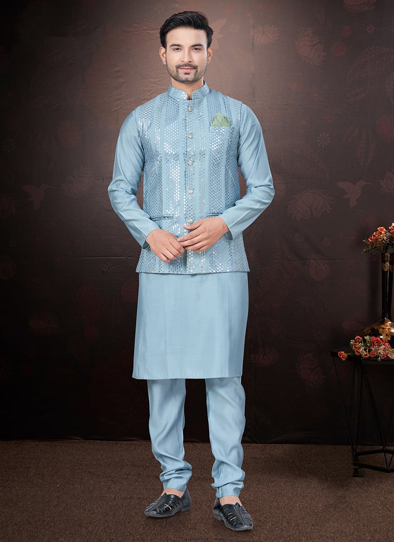 Stylish Blue Silk Sequins Embroidered Bandi Set Festive Wear
