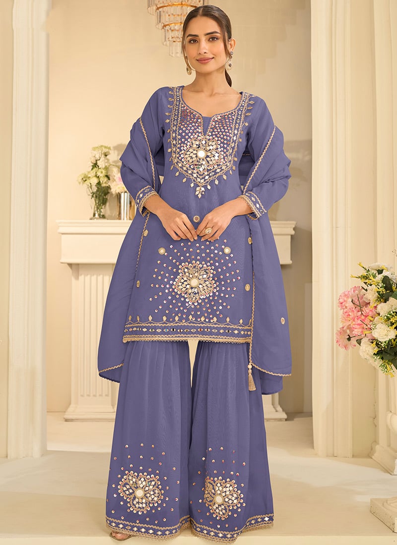 Blue Silk Embroidered Mirror Work Sequins Thread Sharara Suit Festive Wear