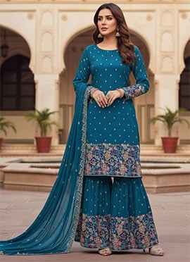 Blue Silk Embroidered Pakistani Sharara Suit