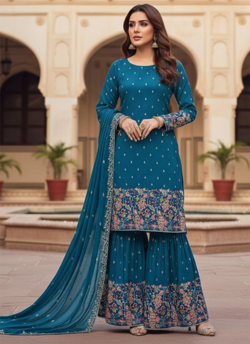 Blue Silk Embroidered Pakistani Sharara Suit After Six Wear