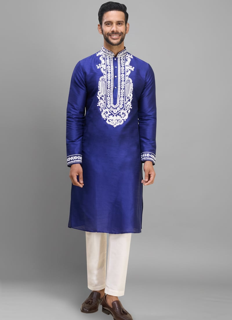 Blue Silk Embroidered Regal Kurta Pyjama Festive Wear