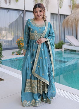Blue Silk Embroidered Sequin Palazzo Suit