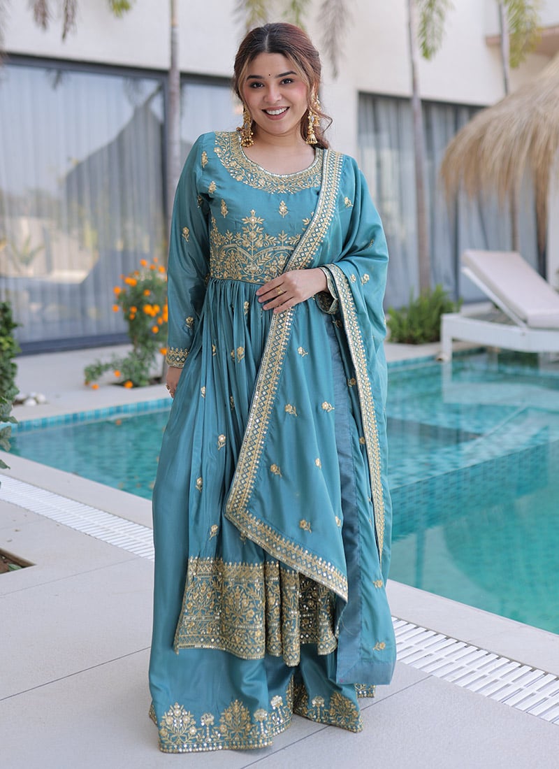 Blue Silk Embroidered Sequin Palazzo Suit Festive Wear