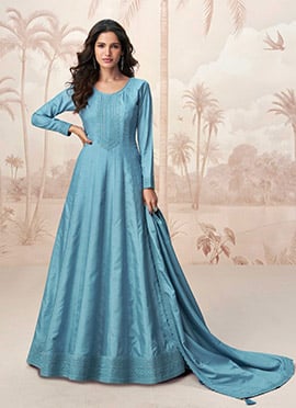 Blue Silk Embroidered Sequins A Line Anarkali Suit
