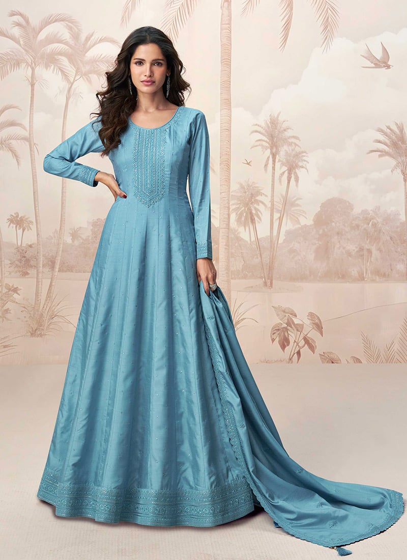 Blue Silk Embroidered Sequins A Line Anarkali Suit Festive Wear