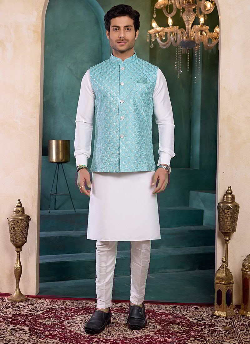 Blue Silk Embroidered Sequins Bandhgala Jacket