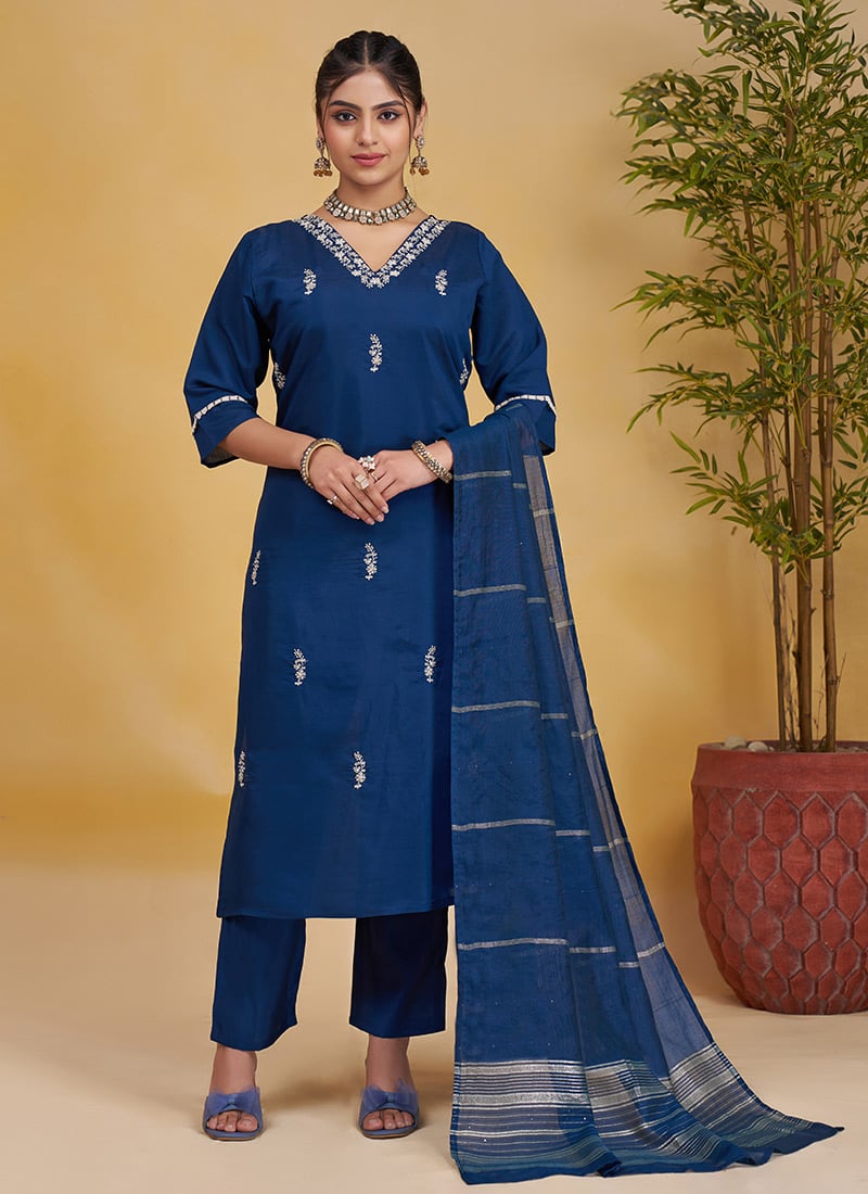 Blue Silk Embroidered Sequins Beads Work Straight Pant Suit After Six Wear
