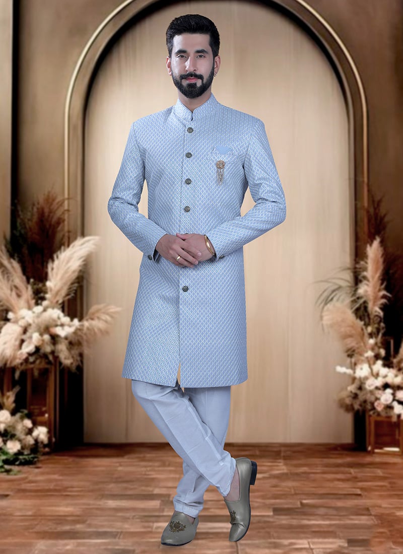 Blue Silk Embroidered Sequins Indowestern Sherwani  For Men Wedding Wear