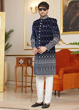 Blue Silk Embroidered Sequins Indowestern Sherwani