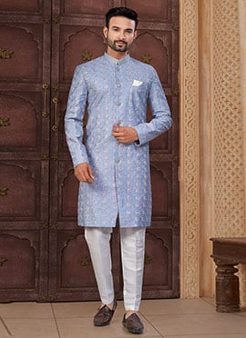 Blue Silk Embroidered Sequins Indowestern Sherwani